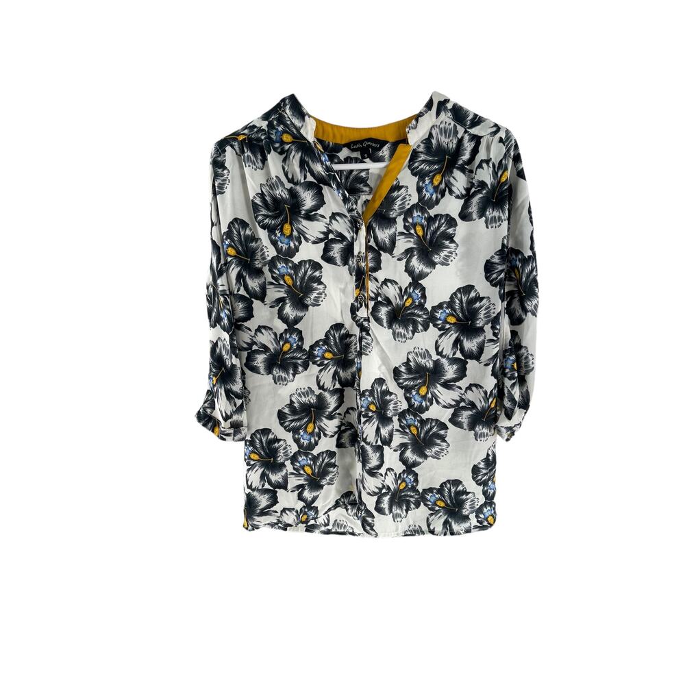 Latin Quarters Black White Floral 3/4 Sleeve Button Down Top Women's Size Small